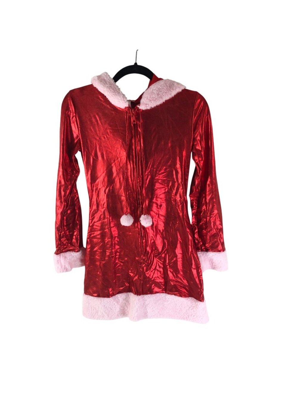 Velvet Kitten Red Pink Hooded Sexy Santa Dress Faux Fur Trim Pom Pom Accents M